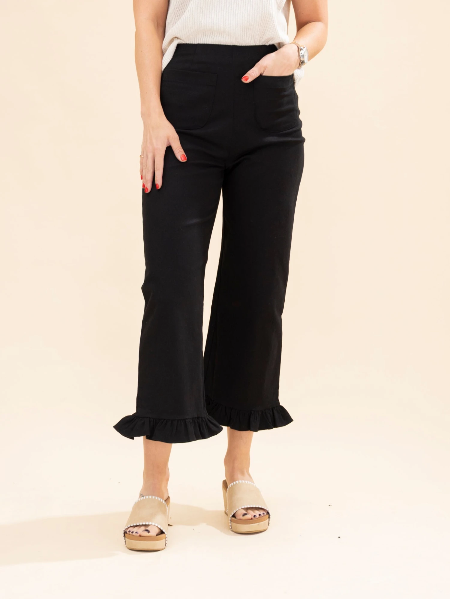 Stretch Front Pocket Ruffle Hem Twill Pants | S-XL 2 Stretch Front Pocket Ruffle Hem Twill Pants | S-XL - Image 2