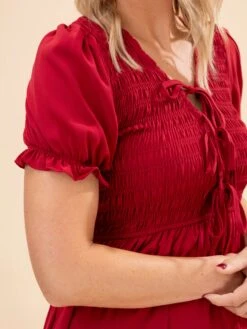 V Neck Front Tie Smocked Puff Sleeve Midi Dress | S-L -Women Clothing Shop c989540ec8326bb60d1b3973a4ed836f
