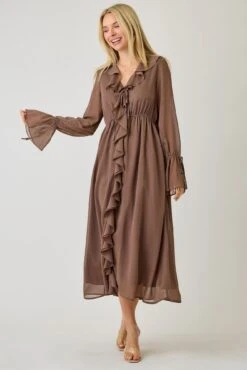 Solid Chiffon Flyaway Sleeve Midi Dress | S-L Rokoko