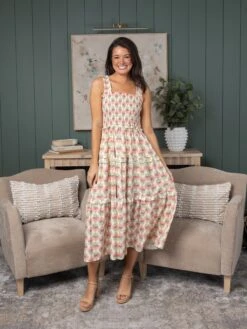 Printed Square Neck Tiered Sleeveless Midi Dress | S - L