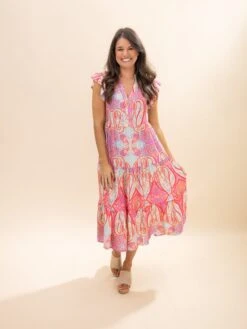 Paisley Print Ruffled Sleeve Midi Dress | S-XL