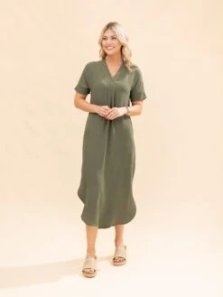 Airflow V Neck Placket W/ Front Pleat Maxi Dress W/ Pockets | S-3X -Women Clothing Shop d6eea7321f2839bf4fabc19379197d05
