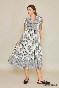 Printed Ruffle Sleeve Midi Dress | S - L Umgee