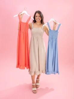 Smocked Bodice Midi Dress With Ruffled Hem | S-L