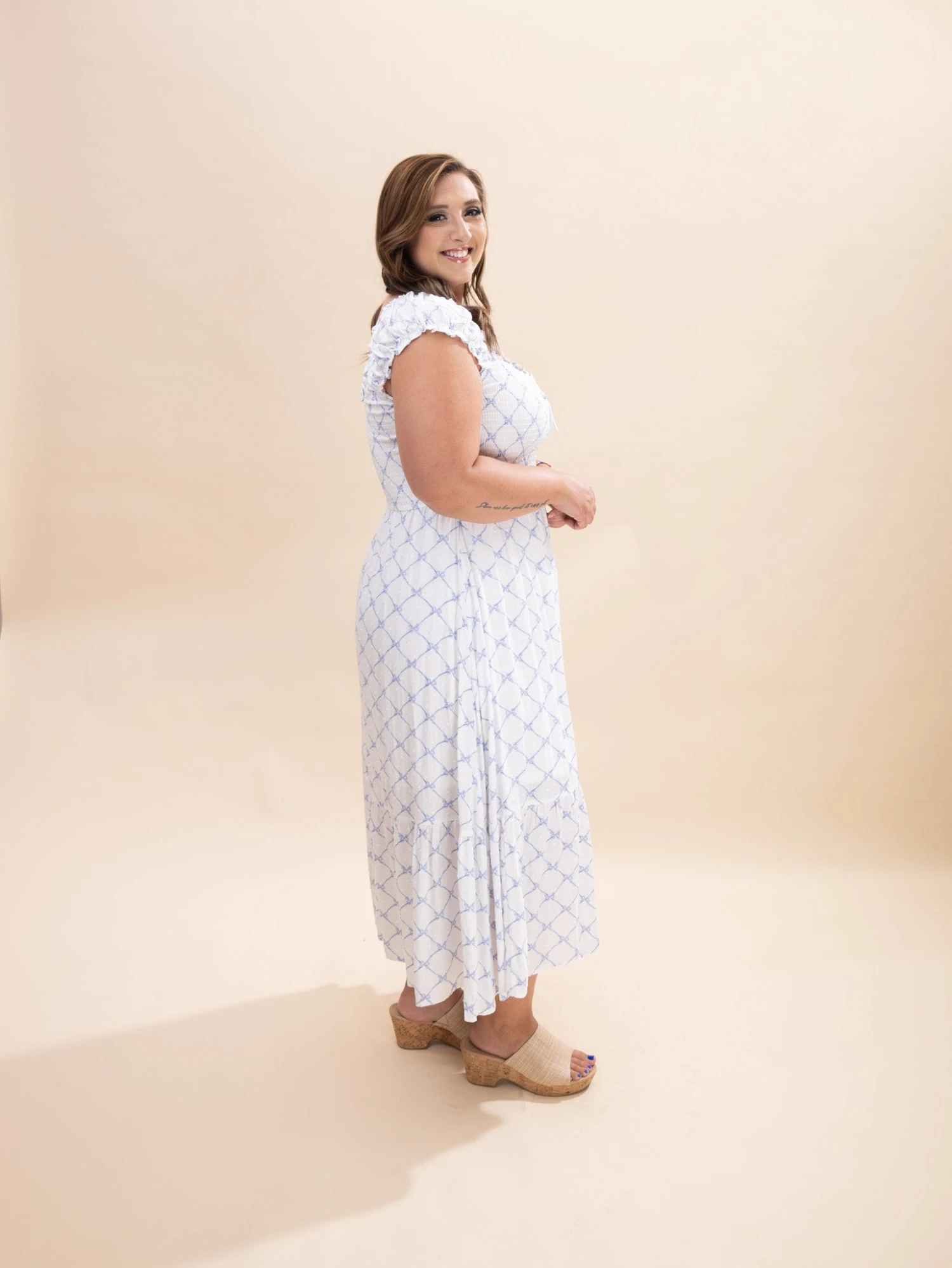 Bow Pattern Ruched Sleeve Smocked Midi Dress | S-3X 7 Bow Pattern Ruched Sleeve Smocked Midi Dress | S-3X - Image 7