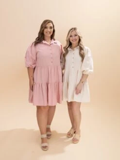 3/4 Sleeve Woven Collared Tiered Button Down Shirt Dress W/ Side Pocket | S-2XL