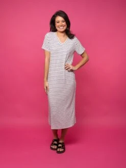 V-Neck Short Sleeve Striped Ribbed Midi Dress | S - L -Women Clothing Shop e42ff0993d4d833c64eb44bc2228f248