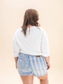 Judy Blue Mid Rise Star & StripeBleach Discharge Fray Hem Shorts | S-3XL Americana -Women Clothing Shop e5094ed1fecaf714335775ab1b529de2