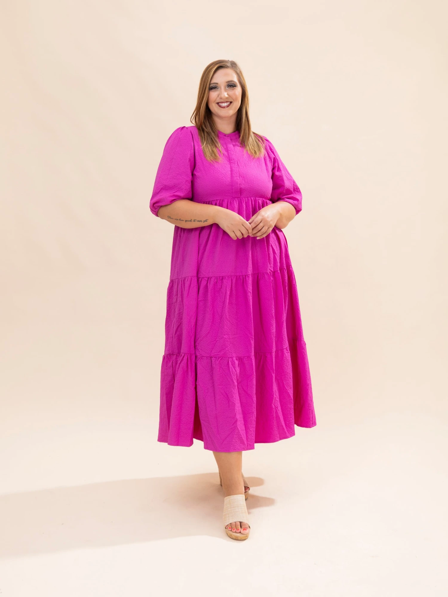 Textured Tiered Midi Dress With Puff Sleeves | S-L 16 Textured Tiered Midi Dress With Puff Sleeves | S-L - Image 16