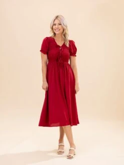 V Neck Front Tie Smocked Puff Sleeve Midi Dress | S-L -Women Clothing Shop e8156378d8983b30d69ee320049d5c59