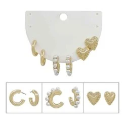 Gold Studded Heart Pearl Hoop & Gold Huggie Set Of 3 Earring Whats Hot Jewelry