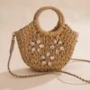 Woven Straw Tote Cross Body Bag W/ Round Handles & Cowrie Shell Flower Accents