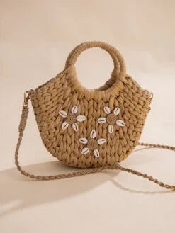 Woven Straw Tote Cross Body Bag W/ Round Handles & Cowrie Shell Flower Accents