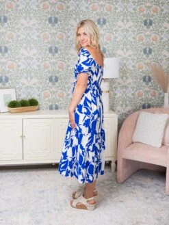 Leaf Pattern Square Neckline Baby Doll Short Sleeves Midi Dress | S-3X -Women Clothing Shop ebe803b2fc09cb303af5c51fc3b6bfd3