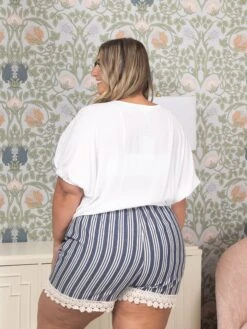 Woven Stripe Shorts With Lace Trim | S - 3XL -Women Clothing Shop ed94178f1aded7da8c03099368980082