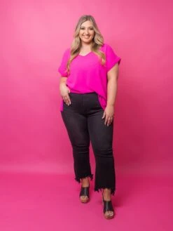 Risen High Rise Fray Hem Ankle Flare Sharkbite Jeans- Black | 0-3X