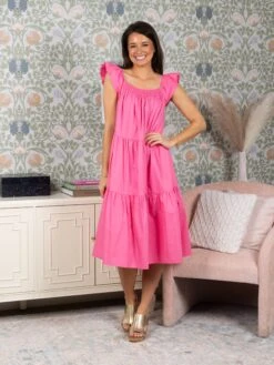 Poplin Tiered Square Neck Flutter Sleeve Midi Dress | S - 3XL -Women Clothing Shop f913432e31c6c3604d3d39388c68fbe6