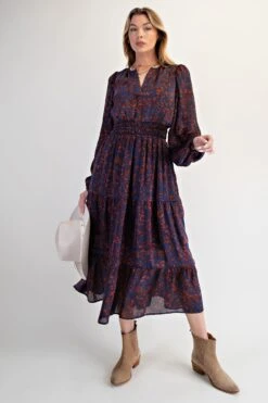 Long Sleeve Printed Tiered Midi Dress | S - L Easel