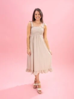 Smocked Bodice Midi Dress With Ruffled Hem | S-L -Women Clothing Shop ff2616d88259cd9e0c840cb3b32f0cb5