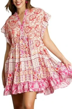 Mixed Print V-Notched High Low Ruffle Dress | S - L