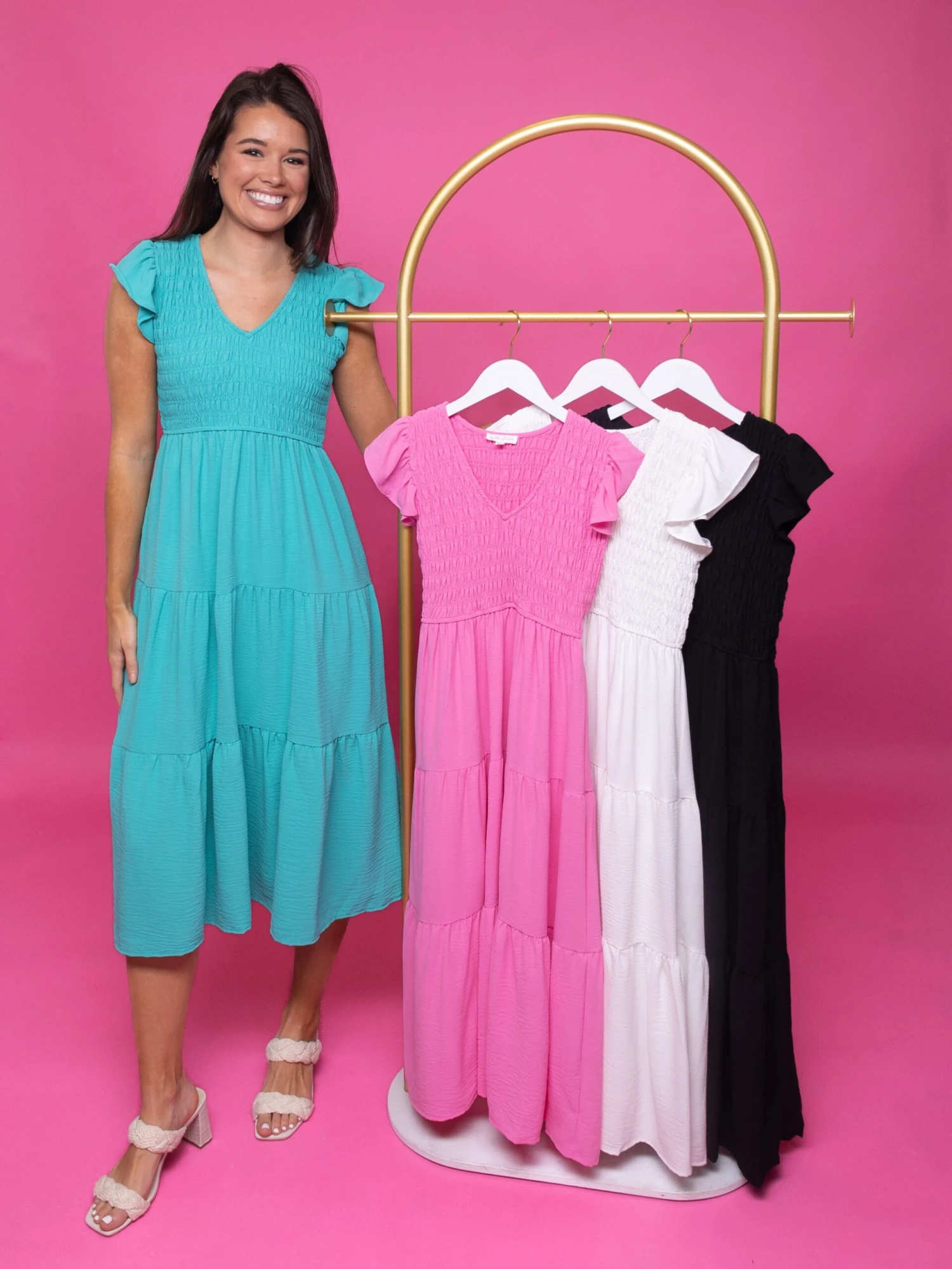 Flutter Sleeve V Neck Smocked Midi Dress | S-3X 1 Flutter Sleeve V Neck Smocked Midi Dress | S-3X