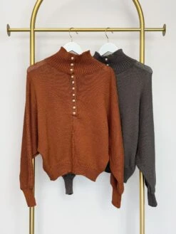 Dolman Sleeve Mock Neck Sweater W/ Pearl Buttons | S - L