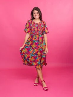 Floral Short Puff Sleeve Smocked Midi Dress | S-L