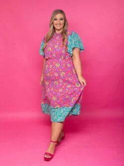 Mock Neck Floral Colorblock Short Sleeve Midi Dress | S - 3XL