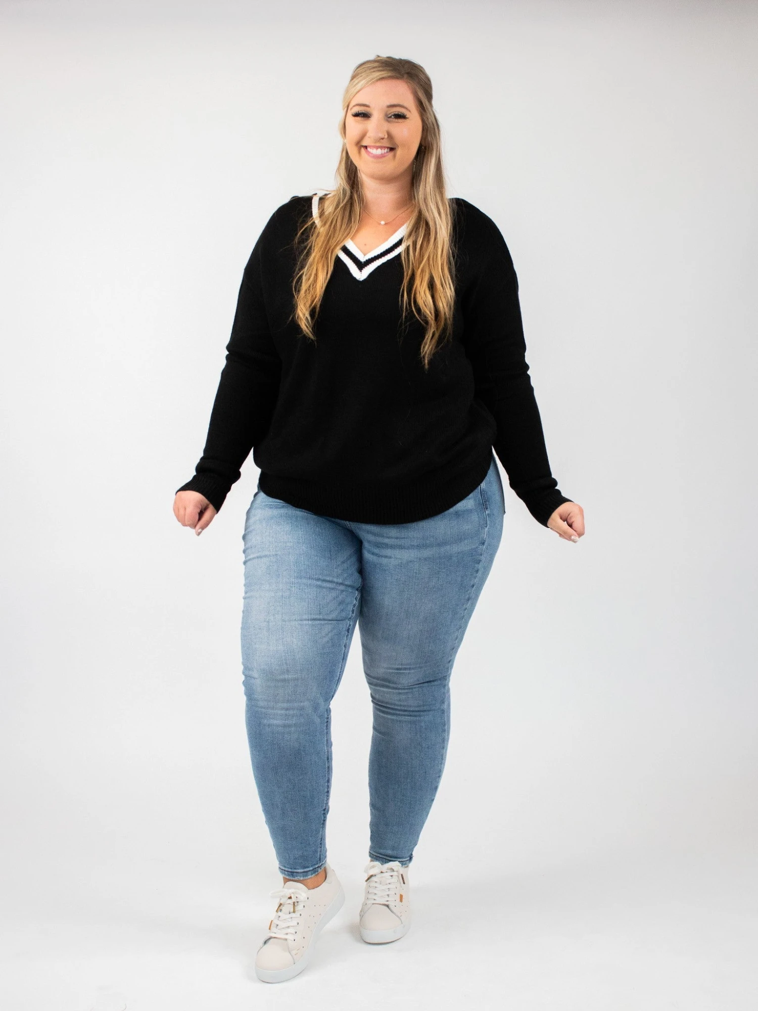 Contrasted Deep V Neckline Knitted Long Sleeve Sweater | S - 2XL 2 Contrasted Deep V Neckline Knitted Long Sleeve Sweater | S - 2XL - Image 2