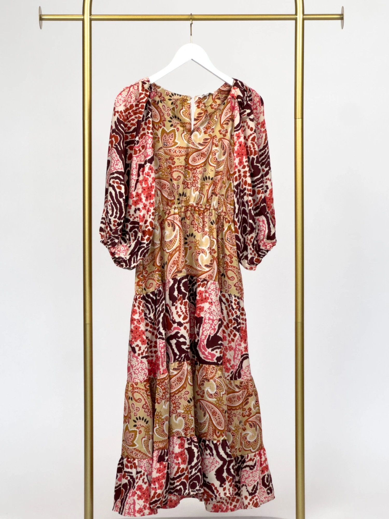 Mixed Print Tiered V Neck Dress With 3/4 Cuffed Sleeve | S - L 1 Mixed Print Tiered V Neck Dress With 3/4 Cuffed Sleeve | S - L