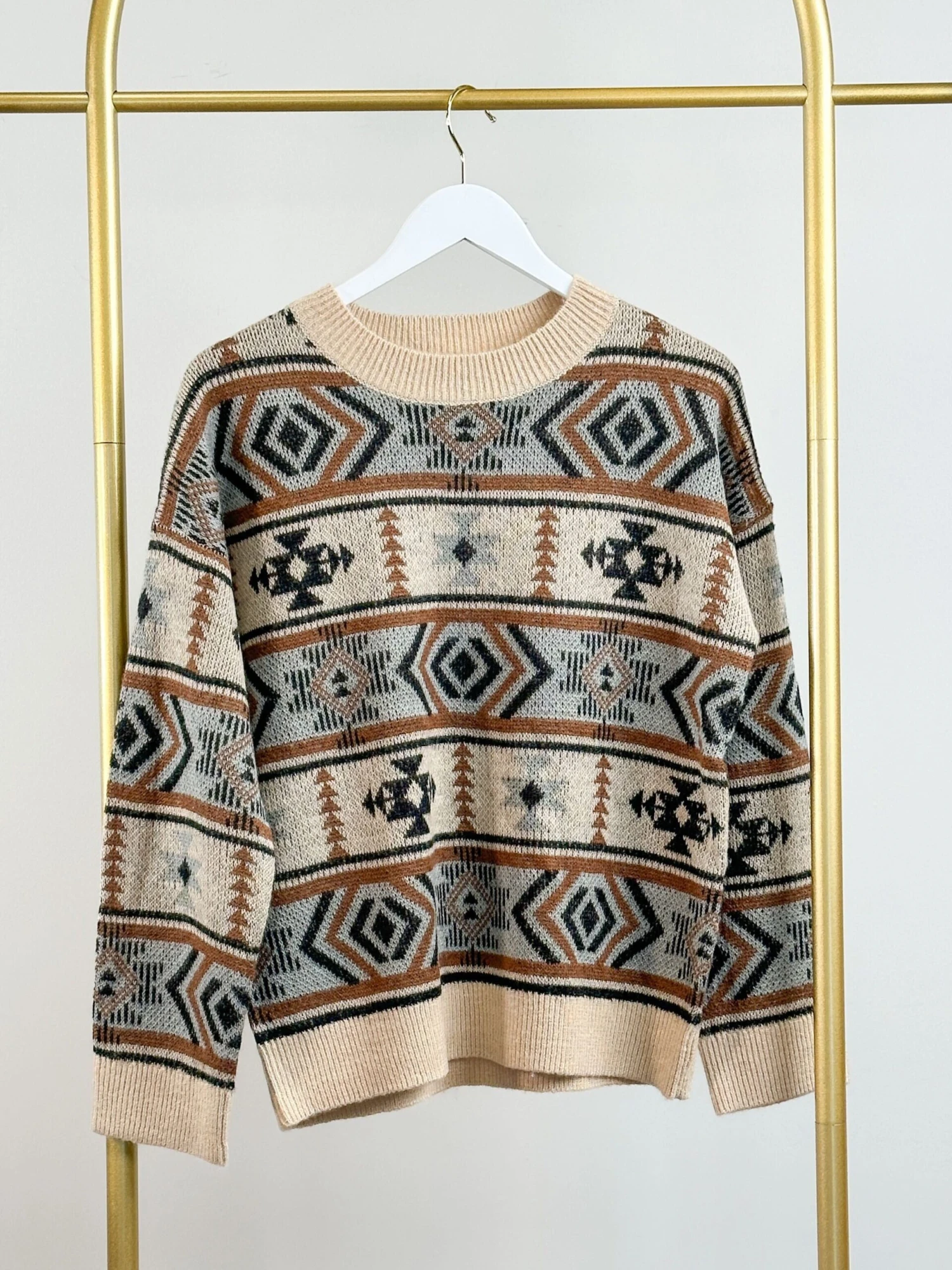 Tribal Print Waffle Knit Round Neck Sweater | S - 3X 1 Tribal Print Waffle Knit Round Neck Sweater | S - 3X